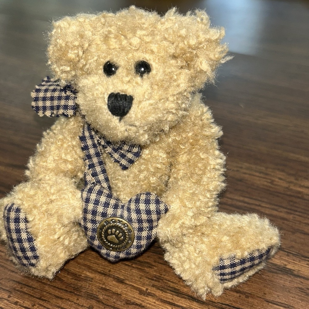 Boyd's Bears Mini‎ Plush Bear Blue Gingham Bow Heart 1990s Collectible